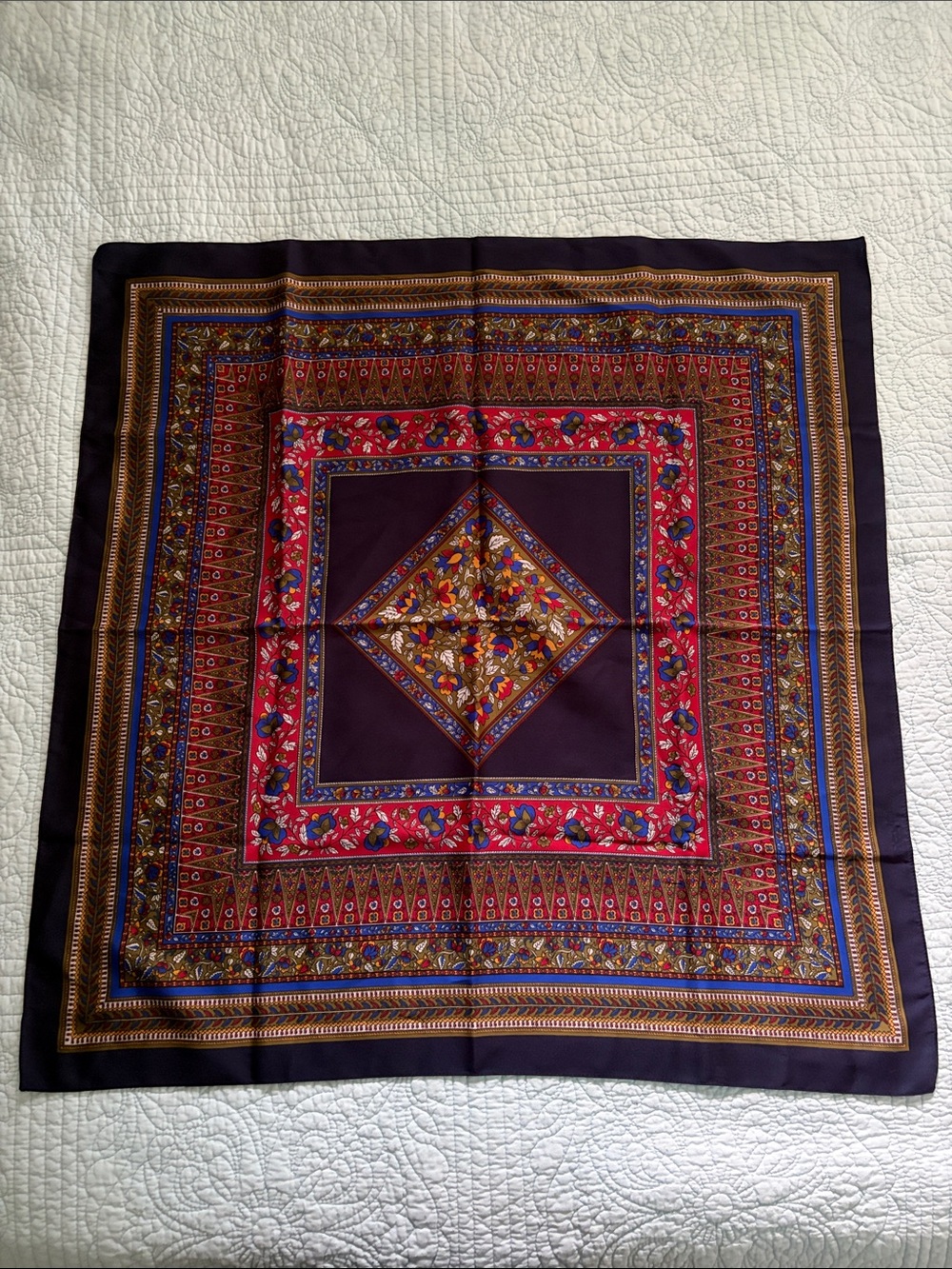 Vintage Floral Border Square Scarf in Navy and Red